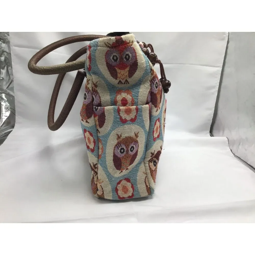Owl Canvas Tote Handbag Zipper Lined Wooden Beads Shoulder Bag